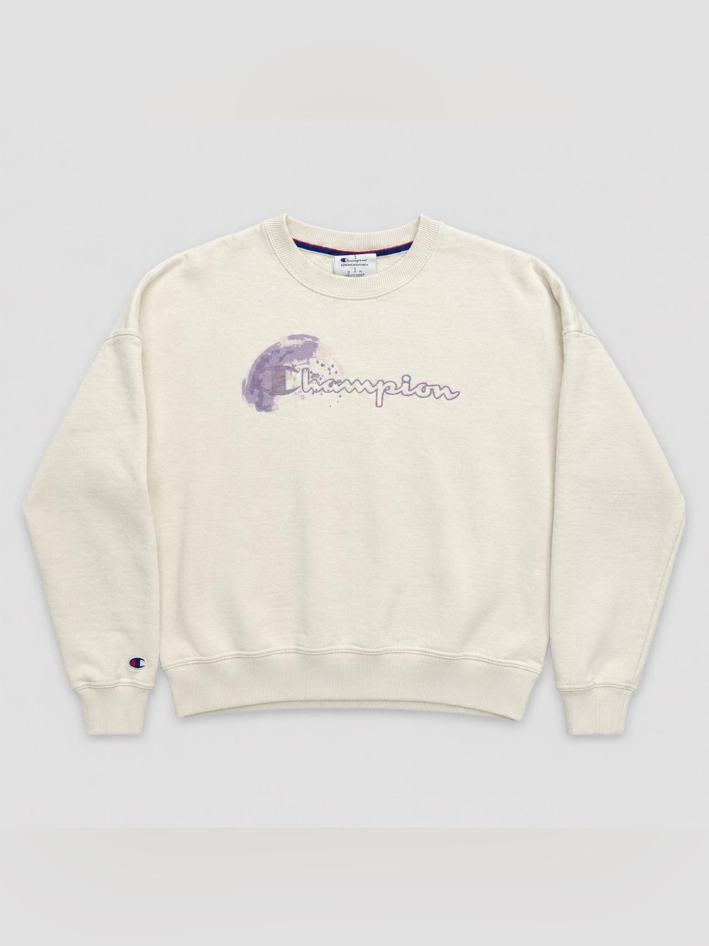 Champion Women’s S Cream Crewneck Sweatshirt with Lavender Logo Accent